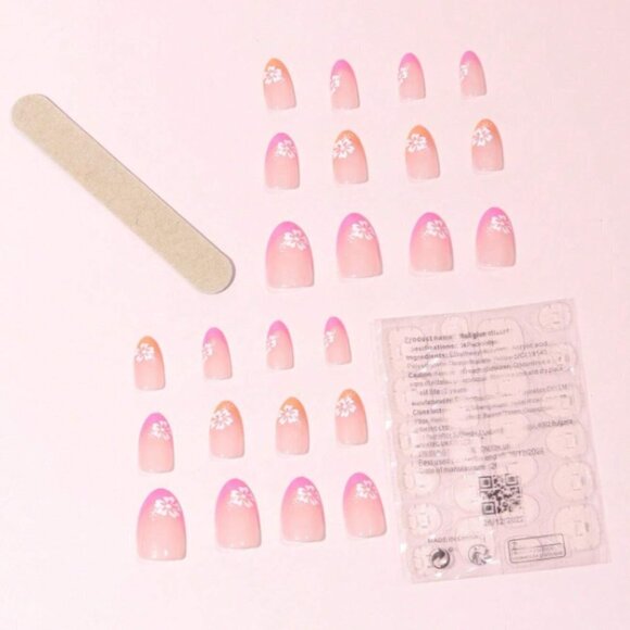 Almond Flower Pink White and Clear Press on Nails 24 - Picture 2 of 2